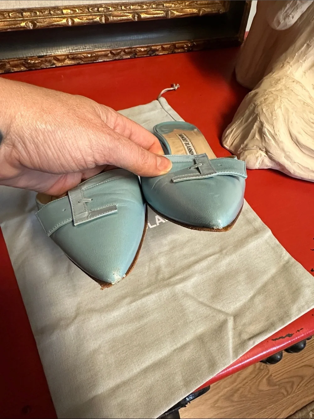 Manolo Blahnik Robin Egg Blue Pointed Leather Mule Slides with Buckle - Picture 3 of 8